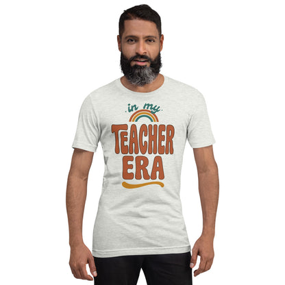 In My Teacher Era retro groovy teacher tee — Ash, on model