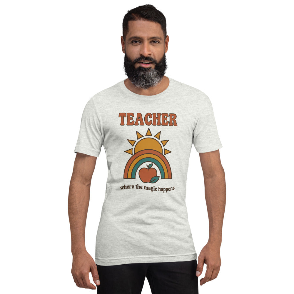 Teacher Where The Magic Happens retro groovy teacher tee — Ash, on model