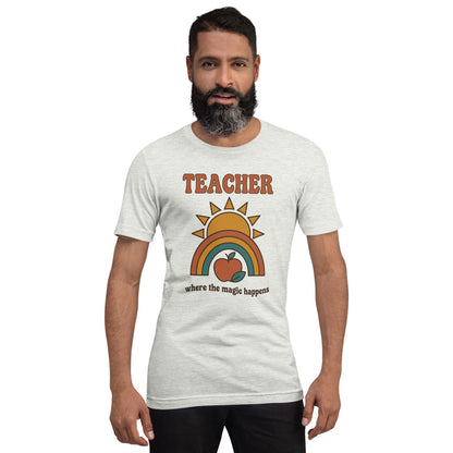 Teacher Where The Magic Happens retro groovy teacher tee — Ash, on model
