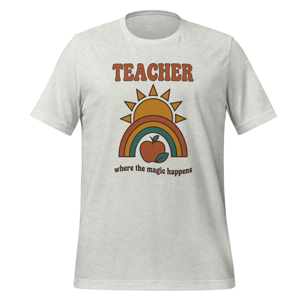 Teacher Where The Magic Happens retro groovy teacher tee — Ash, front