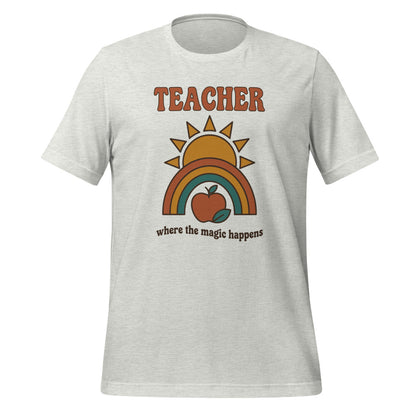 Teacher Where The Magic Happens retro groovy teacher tee — Ash, front
