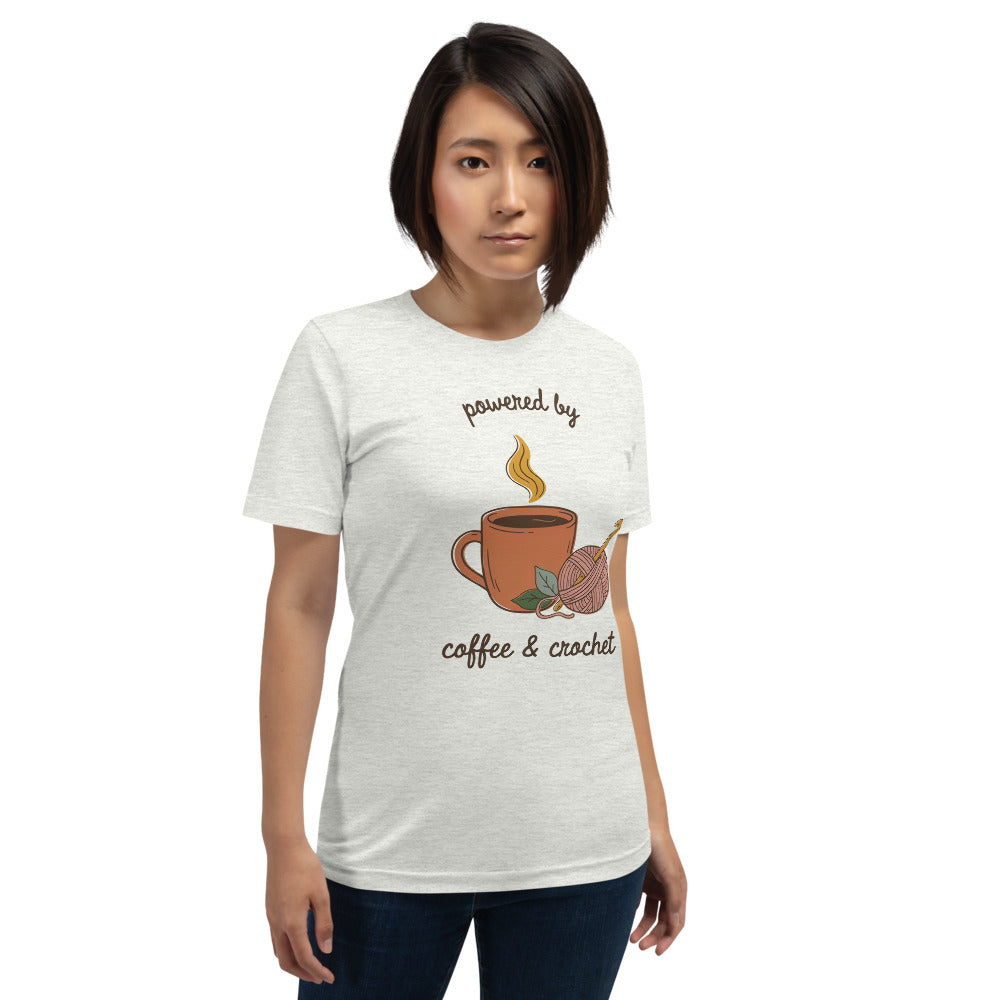 Powered by Coffee and Crochet cottagecore crochet tee — Ash, on model