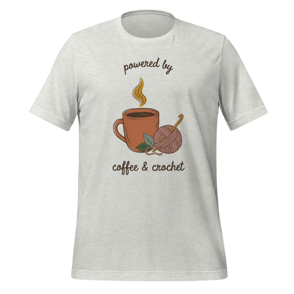 Powered by Coffee and Crochet cottagecore crochet tee — Ash, front