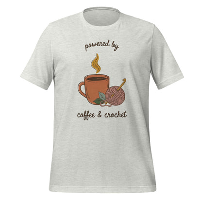 Powered by Coffee and Crochet cottagecore crochet tee — Ash, front