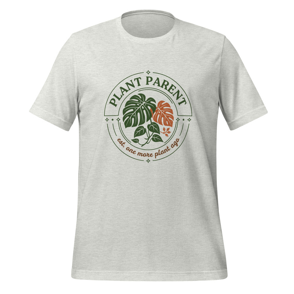 Plant Parent retro botanical badge tee — Ash, front