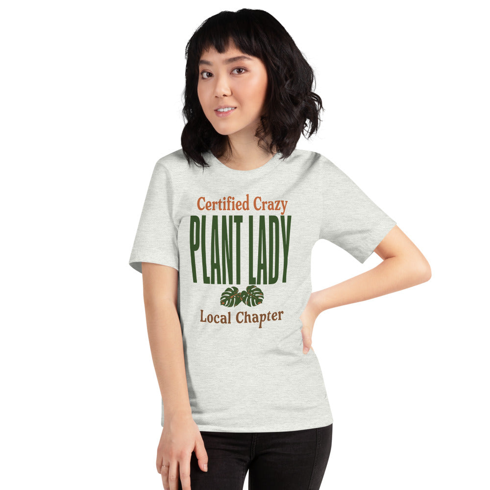 Certified Crazy Plant Lady retro botanical tee — Ash, on model