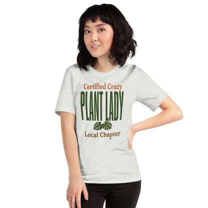 Certified Crazy Plant Lady retro botanical tee — Ash, on model