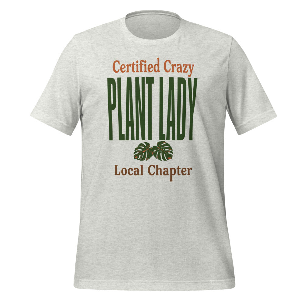 Certified Crazy Plant Lady retro botanical tee — Ash, front