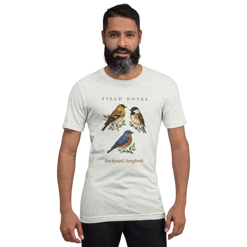 Backyard Songbirds vintage field-guide tee — Ash, on model