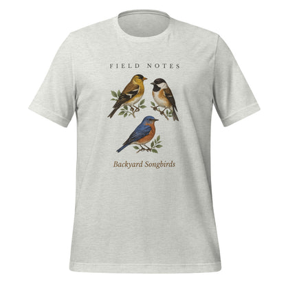 Backyard Songbirds vintage field-guide tee — Ash, front