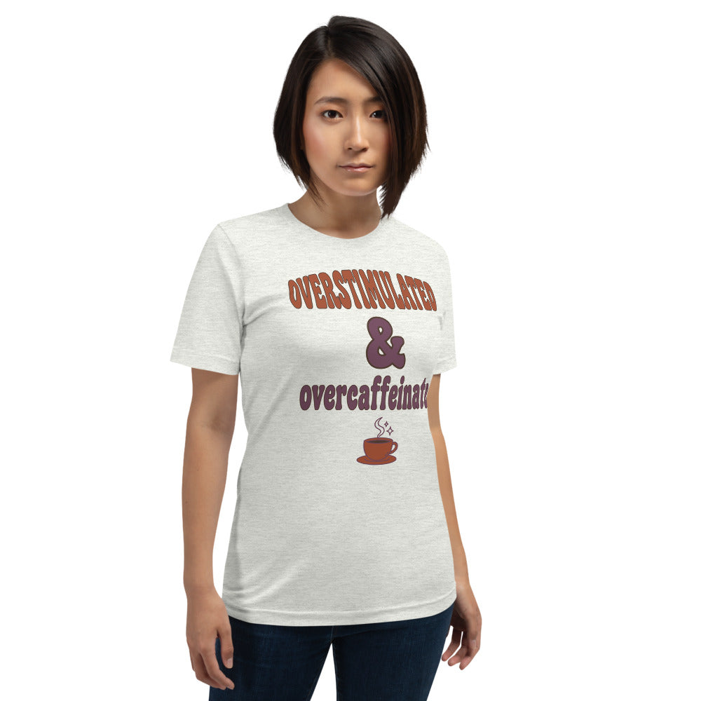 Overstimulated & Overcaffeinated soft retro coffee mental health tee — Ash, on model