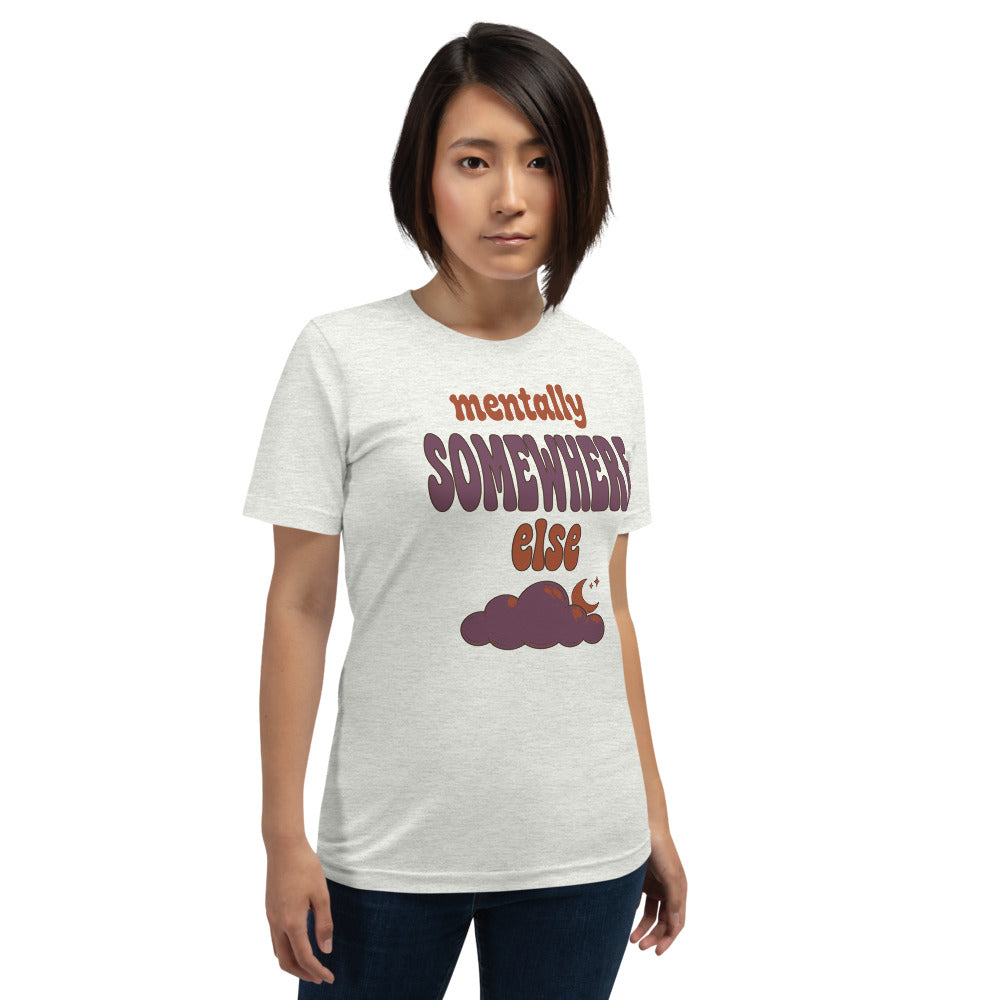 Mentally Somewhere Else soft retro daydream mental health tee — Ash, on model