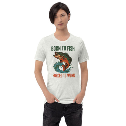 Born to Fish Forced to Work retro fishing humor tee — Ash, on model