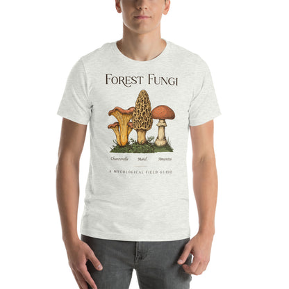 Forest Fungi vintage mushroom field guide tee — Ash, on model