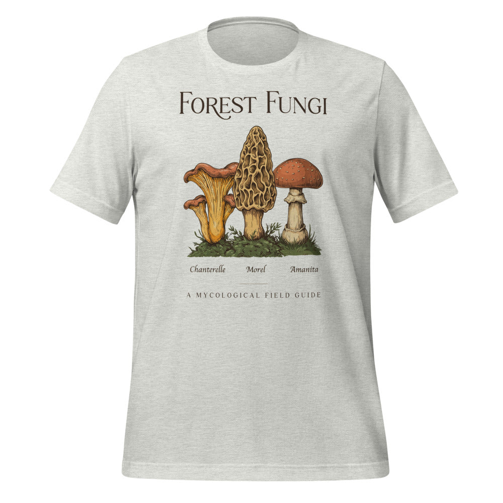 Forest Fungi vintage mushroom field guide tee — Ash, front