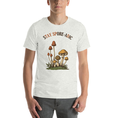 Stay Spore-adic funny vintage mushroom tee — Ash, on model