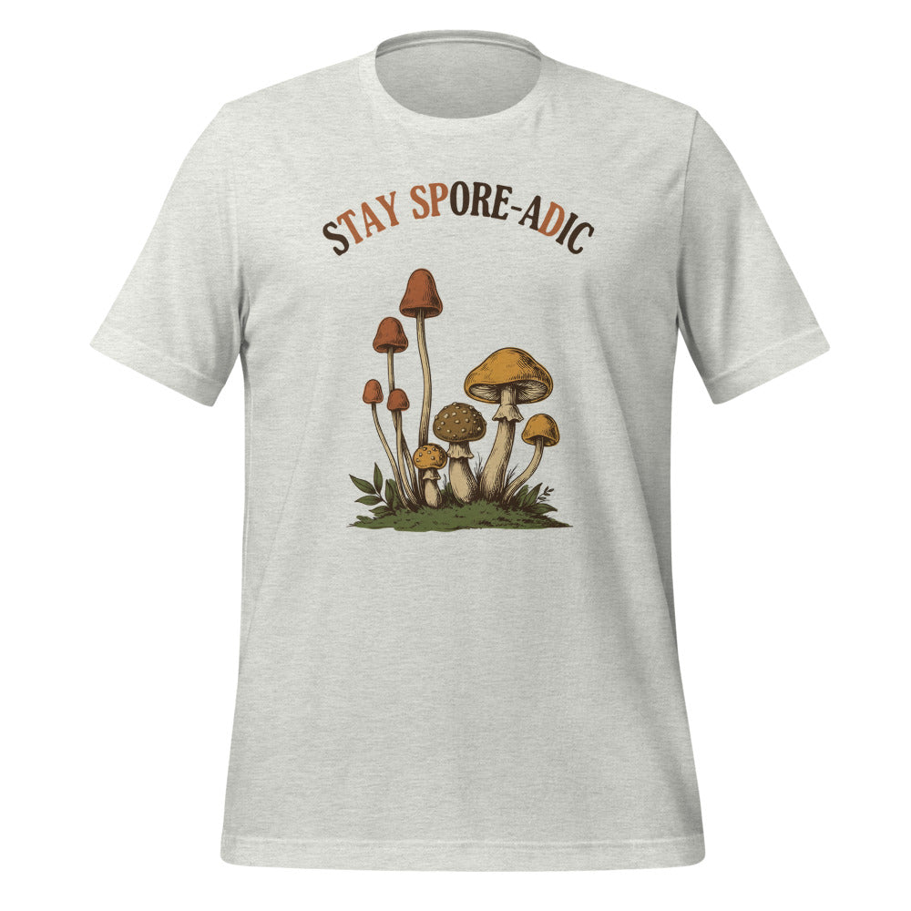Stay Spore-adic funny vintage mushroom tee — Ash, front