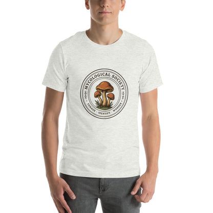 Mushroom Foraging Mycological Society vintage botanical tee — Ash, on model