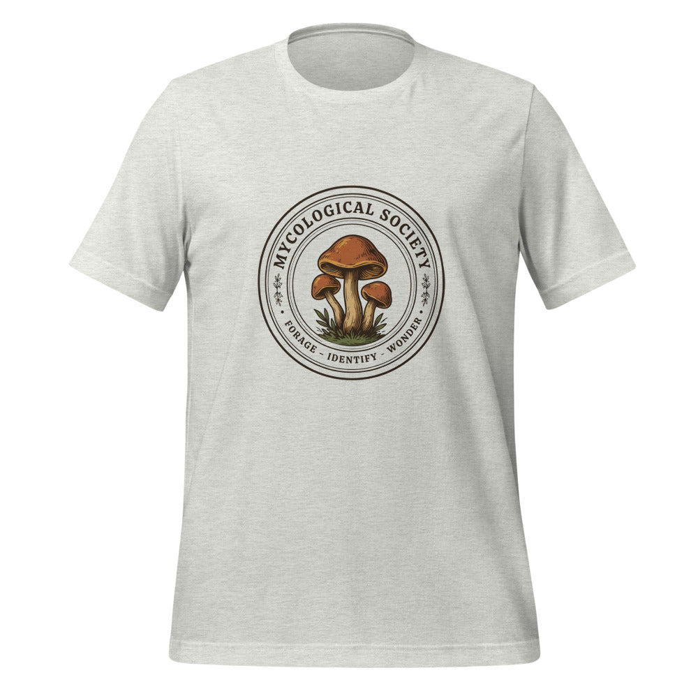 Mushroom Foraging Mycological Society vintage botanical tee — Ash, front