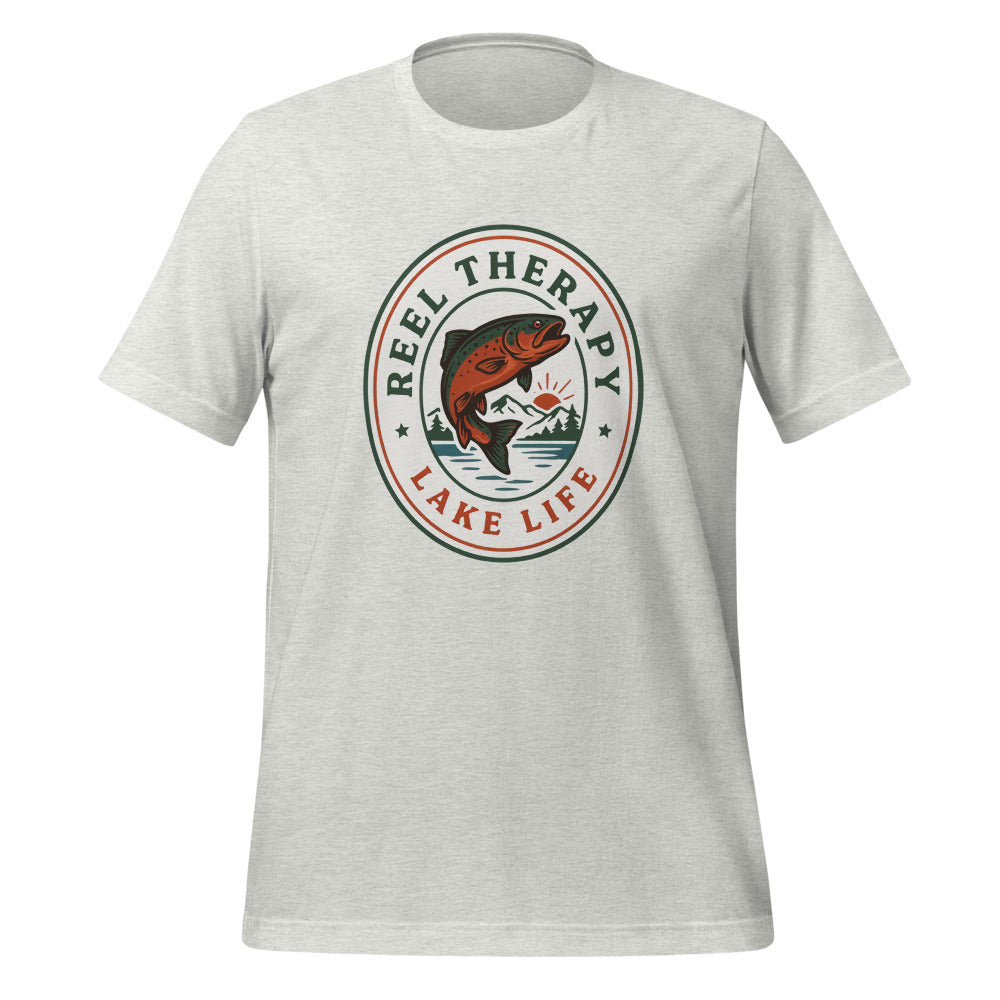 Reel Therapy retro national-park trout badge fishing tee — Ash, front