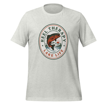 Reel Therapy retro national-park trout badge fishing tee — Ash, front