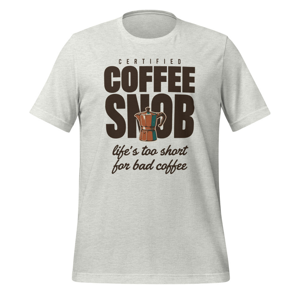 Certified Coffee Snob coffee tee — Ash, front