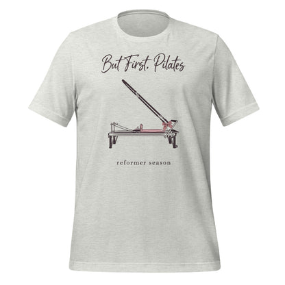 But First Pilates reformer line-art tee — Ash, front