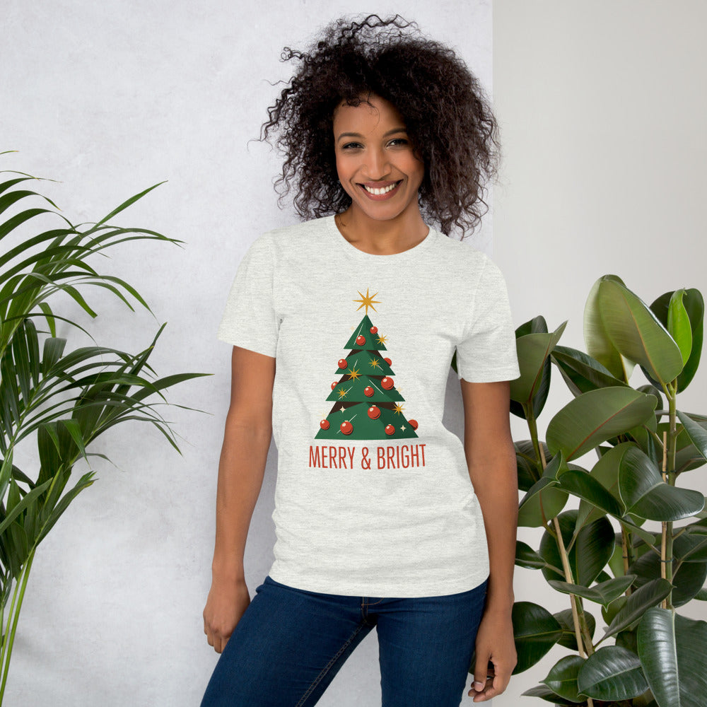 Atomic mid-century retro Christmas tree tee — Ash, on model