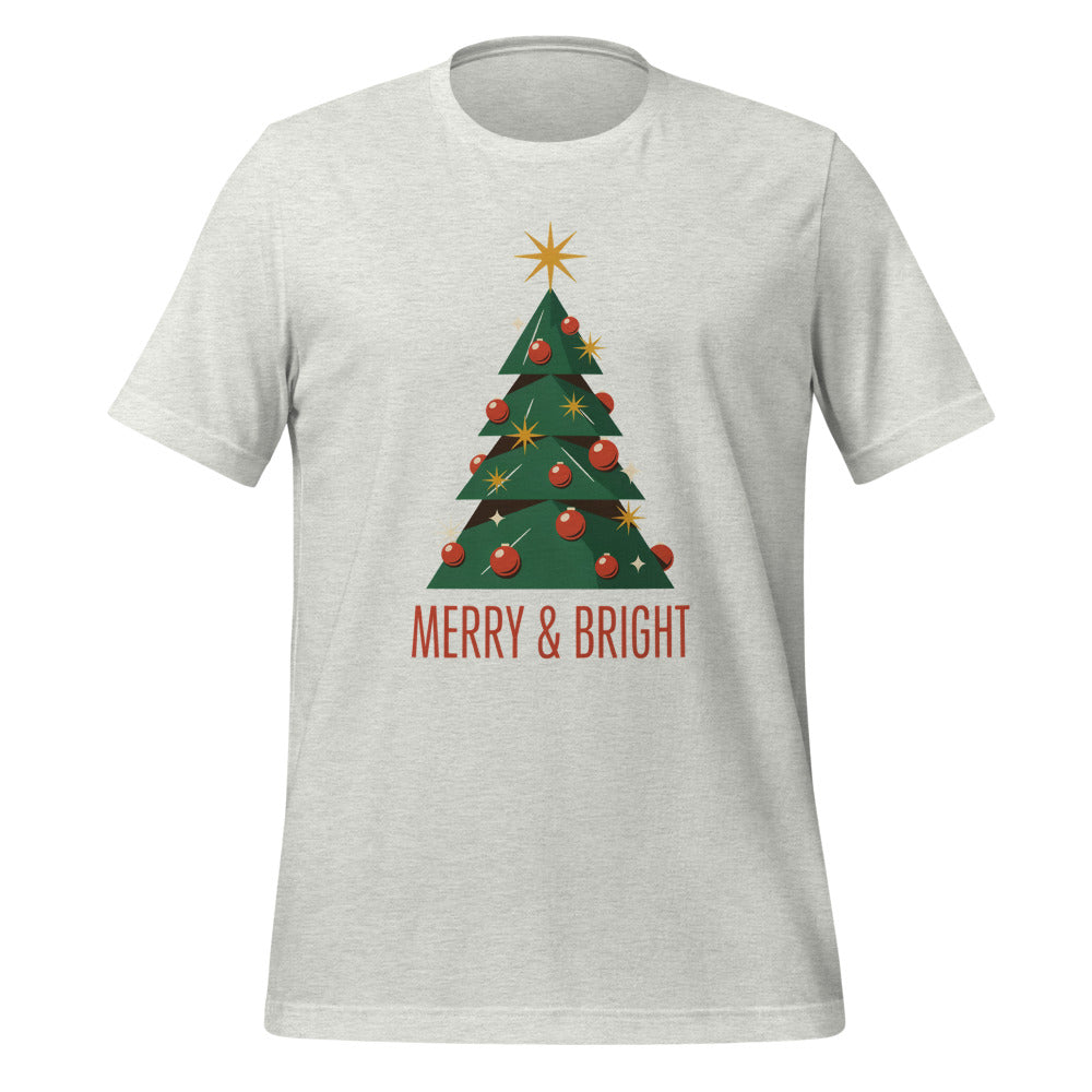 Atomic mid-century retro Christmas tree tee — Ash, front