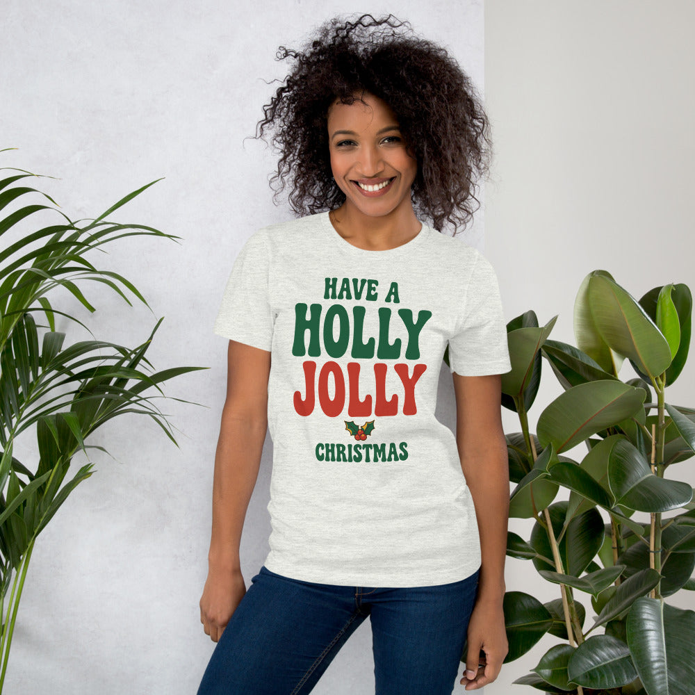 Groovy Holly Jolly retro Christmas tee — Ash, on model