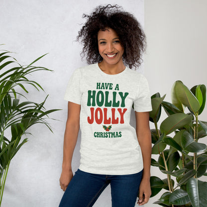 Groovy Holly Jolly retro Christmas tee — Ash, on model