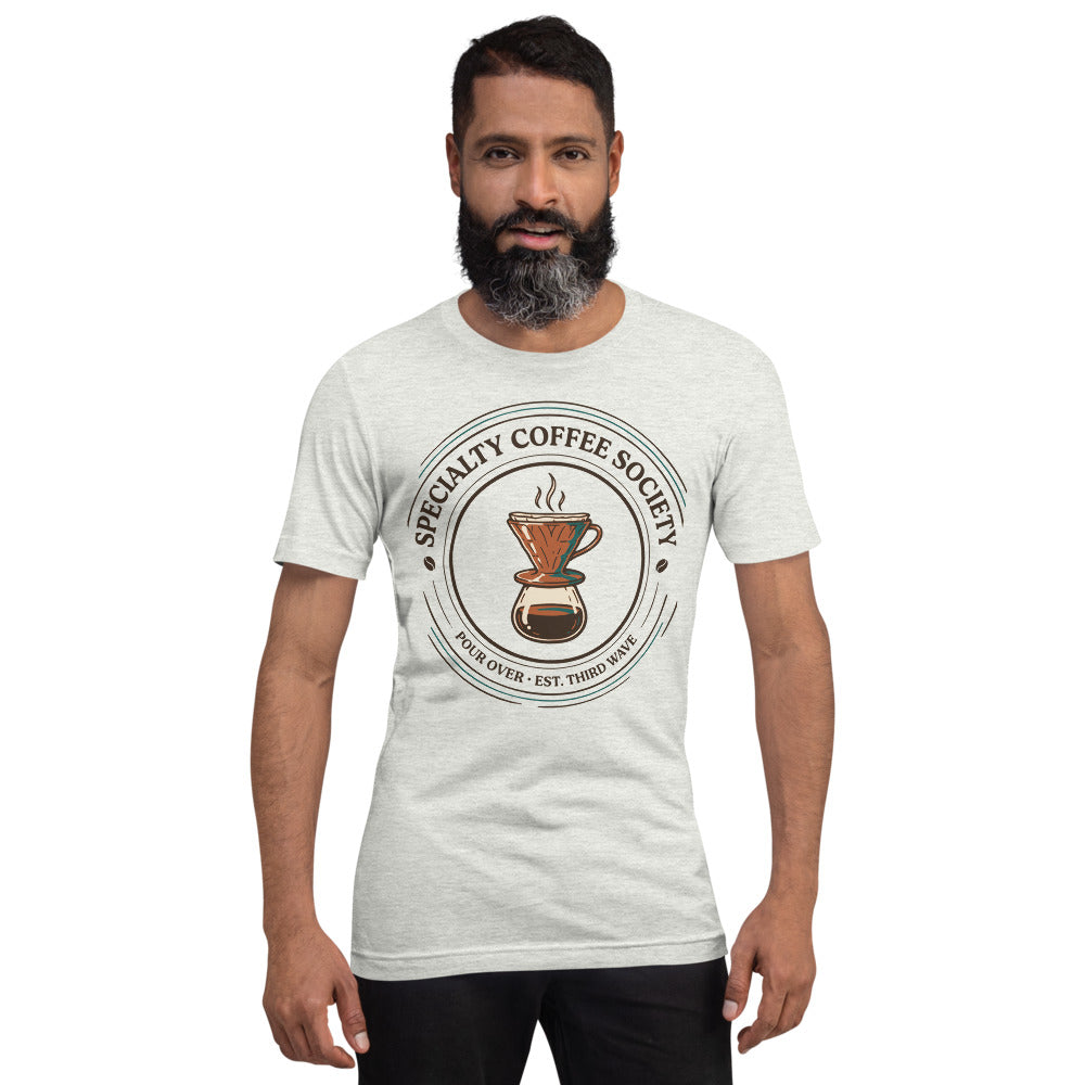 Specialty Coffee Society specialty coffee tee — Ash, on model
