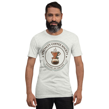 Specialty Coffee Society specialty coffee tee — Ash, on model