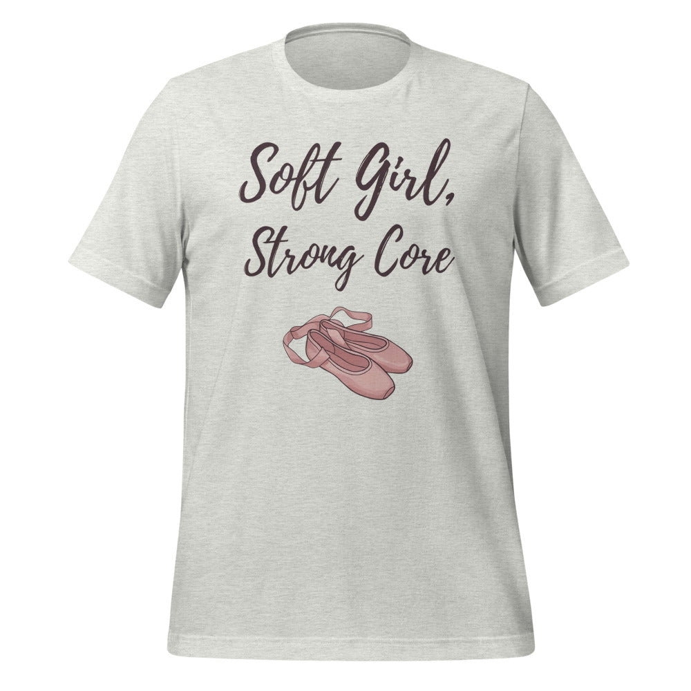 Soft Girl Strong Core ballet coquette pilates tee — Ash, front