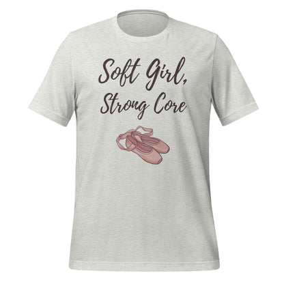 Soft Girl Strong Core ballet coquette pilates tee — Ash, front