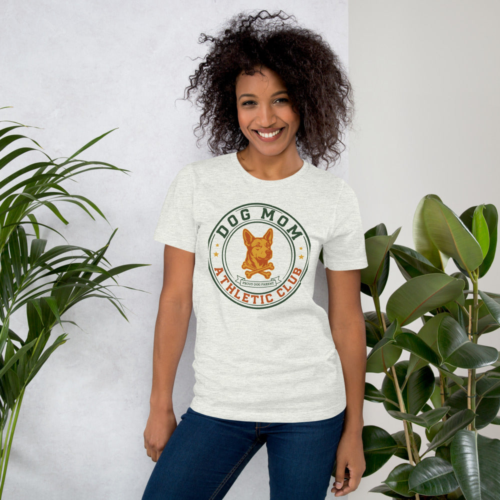 Dog Mom Athletic Club vintage varsity crest tee — Ash, on model