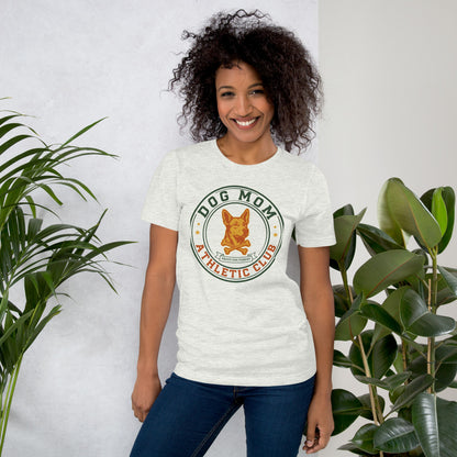 Dog Mom Athletic Club vintage varsity crest tee — Ash, on model