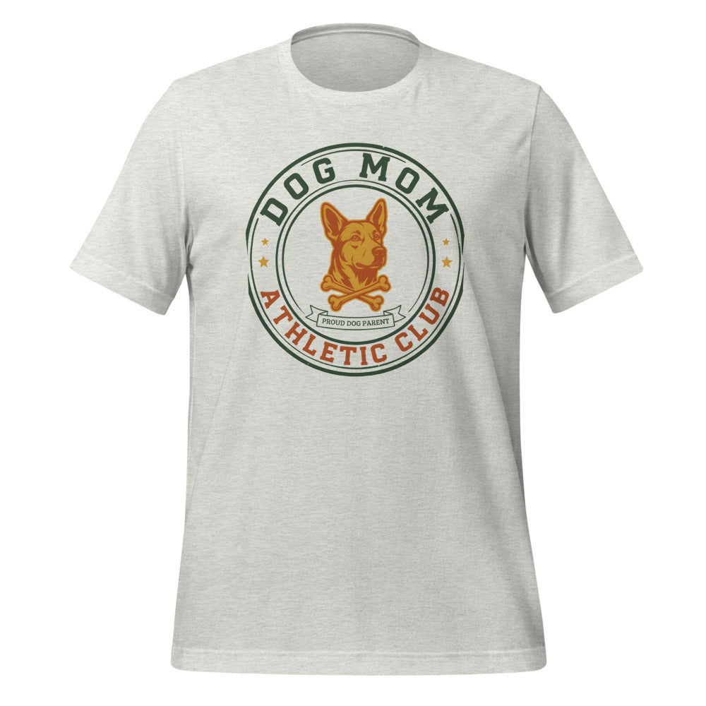 Dog Mom Athletic Club vintage varsity crest tee — Ash, front