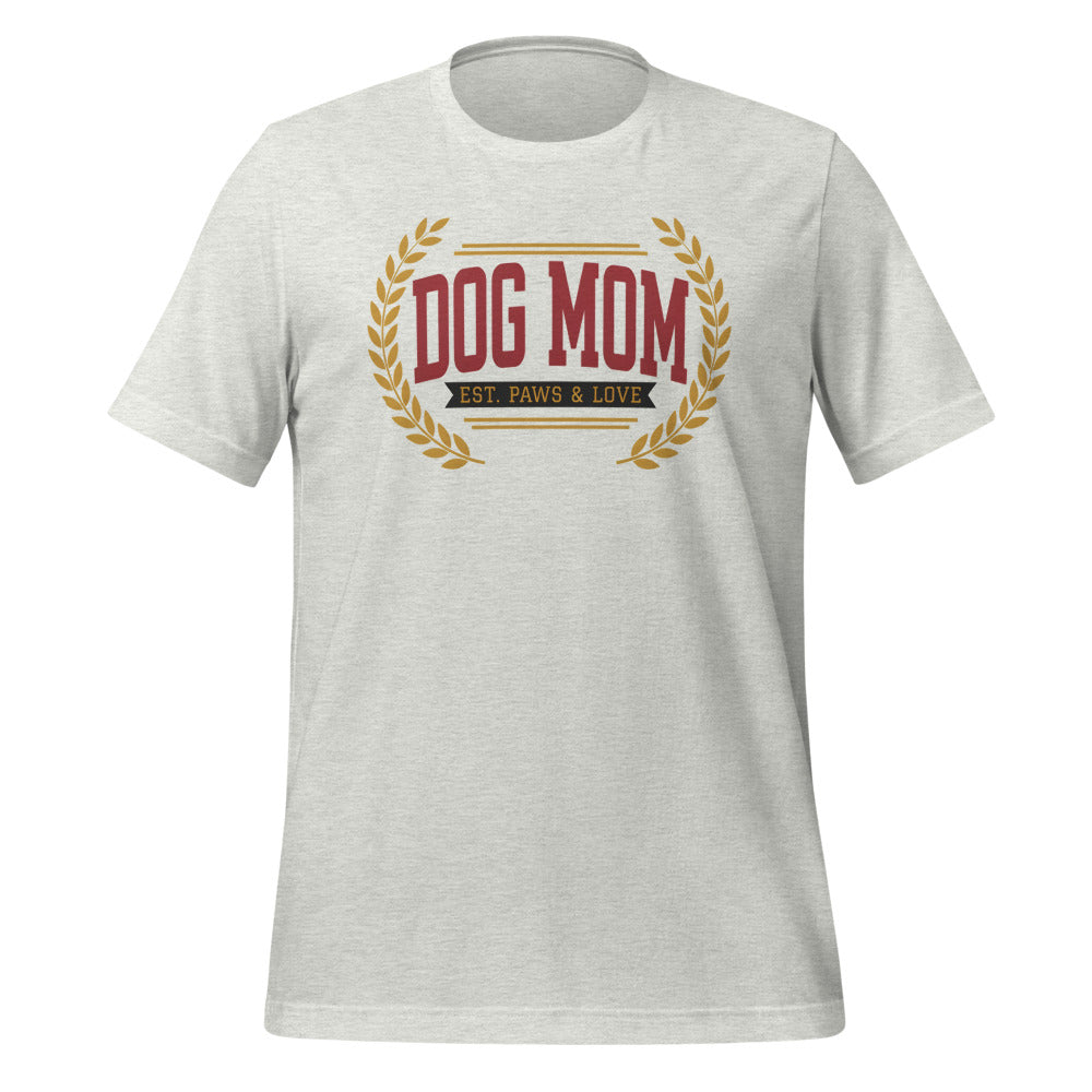 Dog Mom vintage varsity wordmark tee — Ash, front