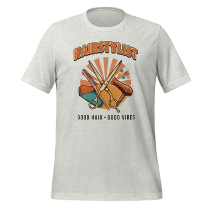 Retro Salon Hairstylist good hair good vibes tee — Ash, front