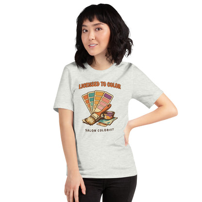 Salon colorist Licensed to Color retro tee — Ash, on model