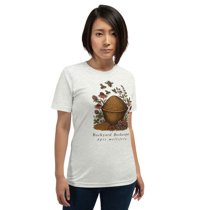 Backyard Beekeeper field-guide bee tee — Ash, on model
