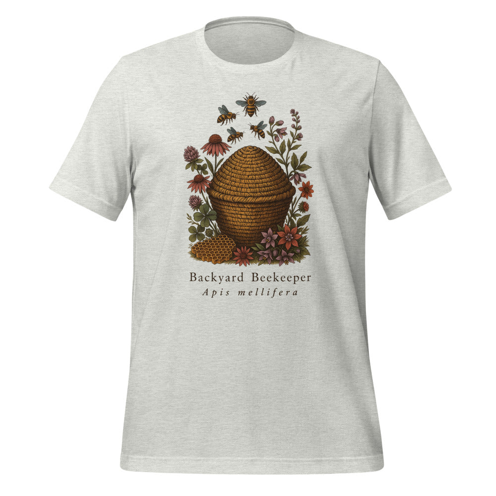 Backyard Beekeeper field-guide bee tee — Ash, front