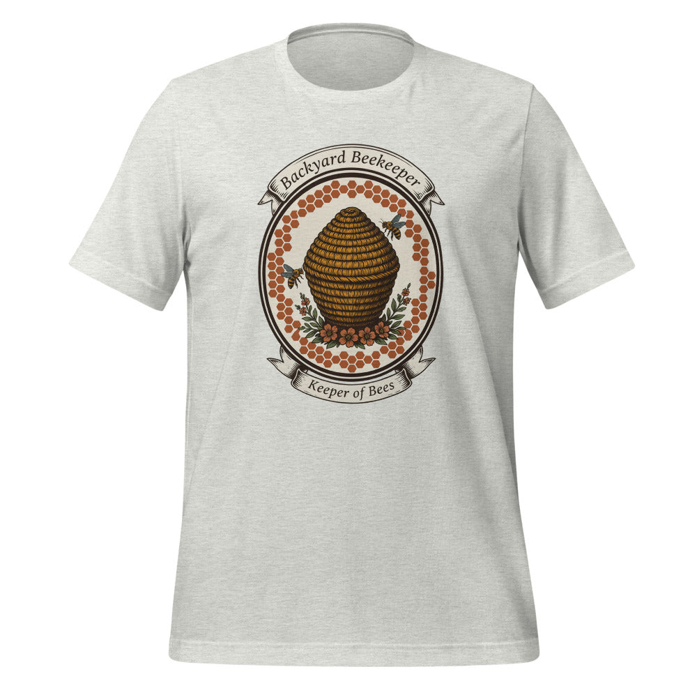 Backyard Beekeeper Keeper of Bees vintage apiary crest tee — Ash, front