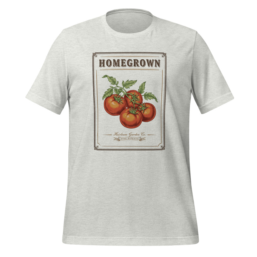 Homegrown Heirloom Seed Packet gardening tee — Ash, front
