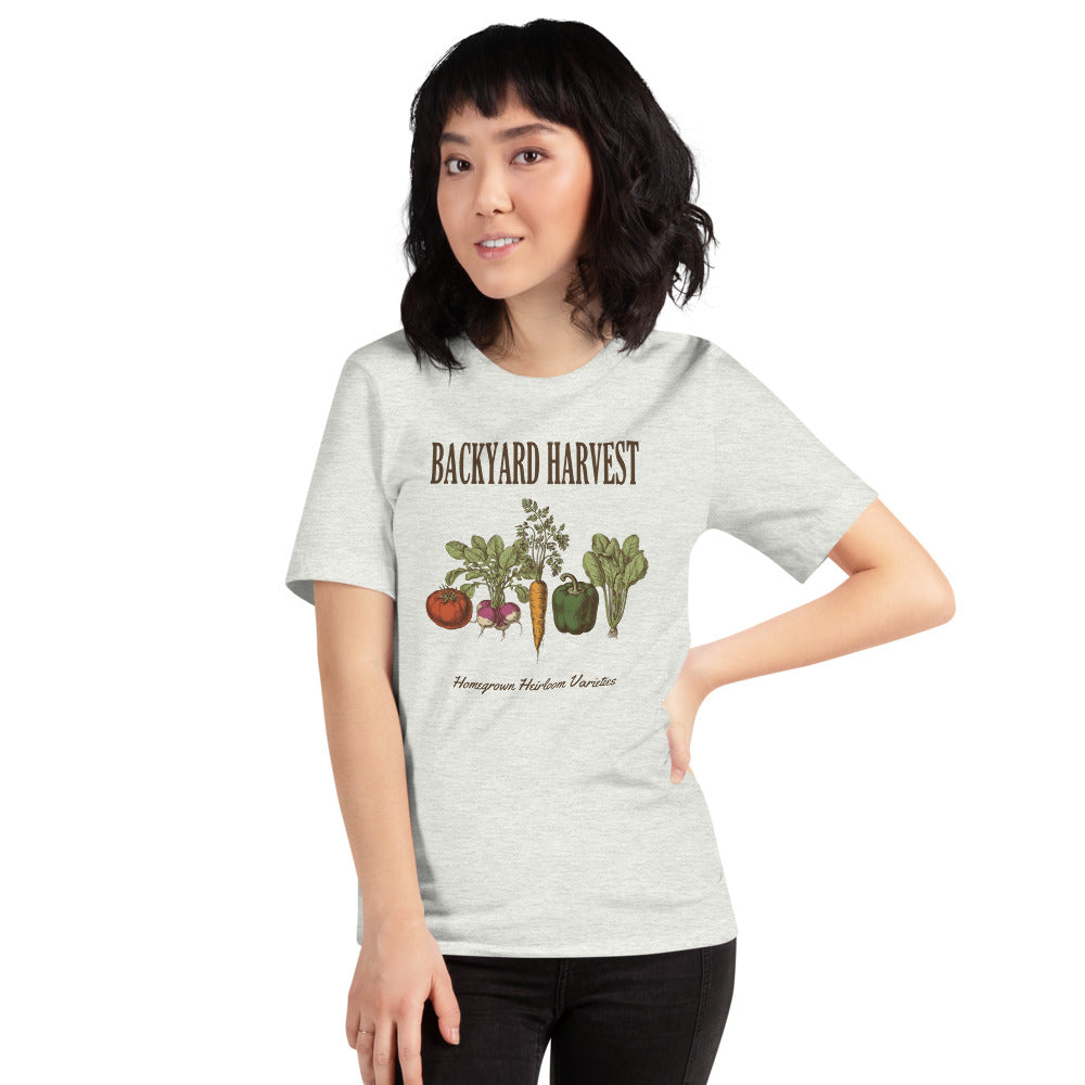 Backyard Harvest heirloom vegetable gardening tee — Ash, on model