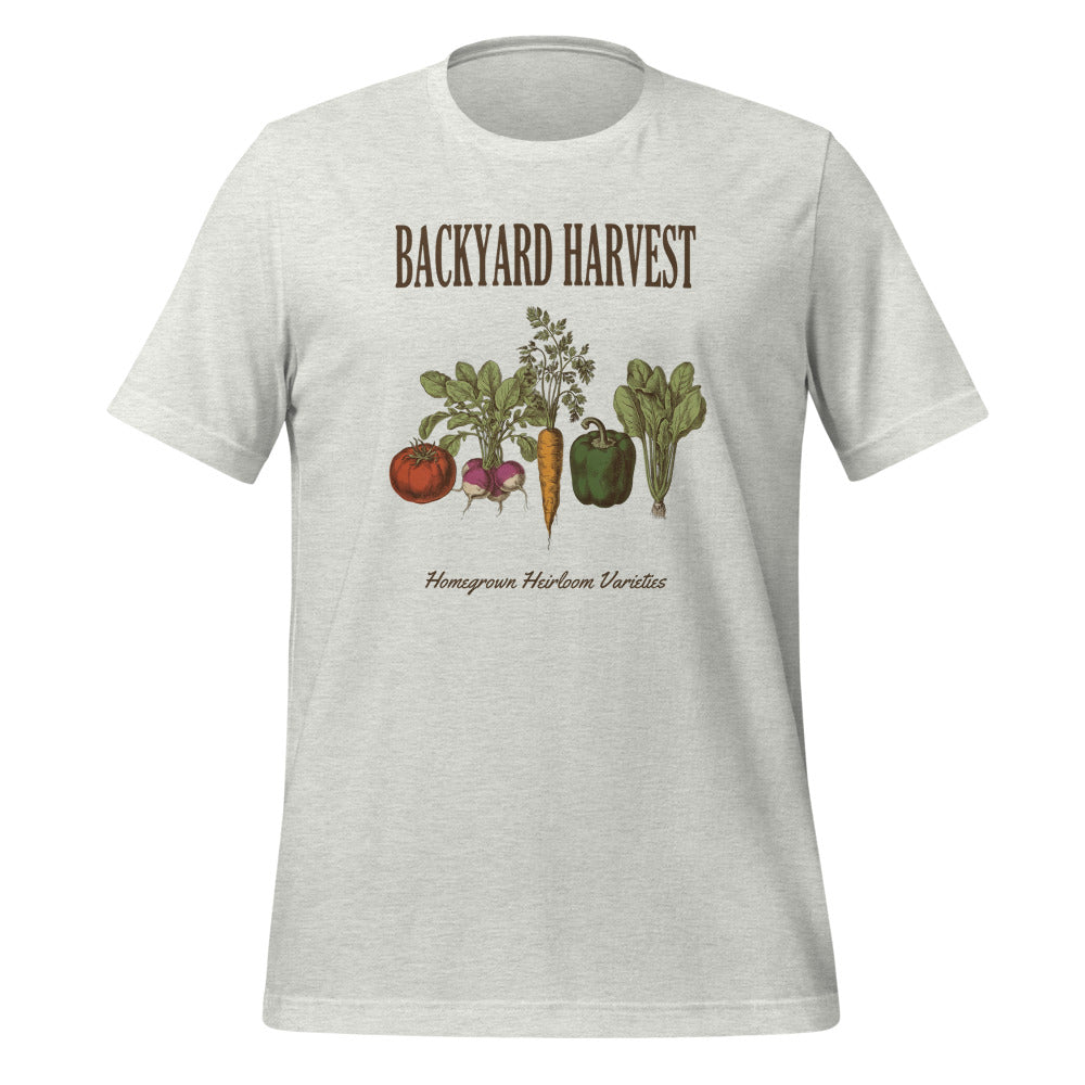 Backyard Harvest heirloom vegetable gardening tee — Ash, front