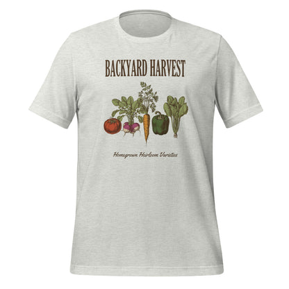 Backyard Harvest heirloom vegetable gardening tee — Ash, front