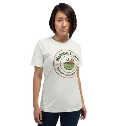 Matcha Lover retro café badge tee — Ash, on model