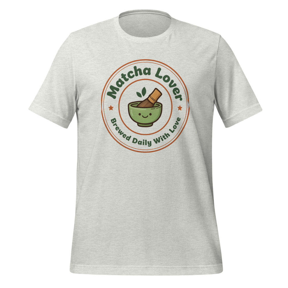 Matcha Lover retro café badge tee — Ash, front